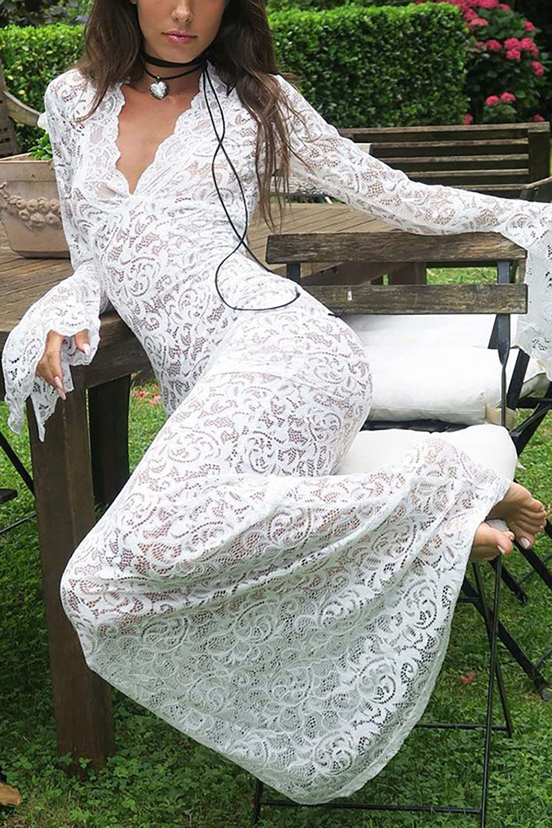 Lace V-neck Bell Sleeve Maxi Dress