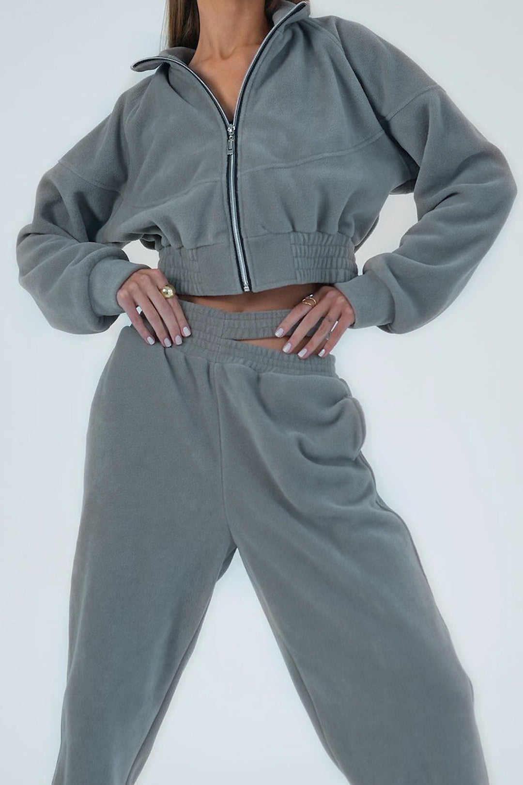 Polar Fleece Stand Collar Zip Up Sweatshirt And Cut Out Waist Pants Set