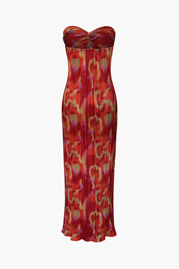 Abstract Print Plisse Strapless Maxi Dress