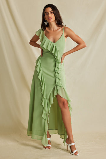 Asymmetric Ruffled Slit V-neck Backless Maxi Dress