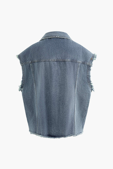 Frayed Flap Pocket Denim Vest