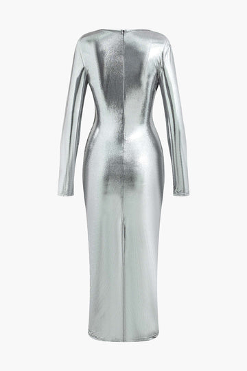 Metallic Twist Ruched V-neck Zipper Long Sleeve Midi Dress