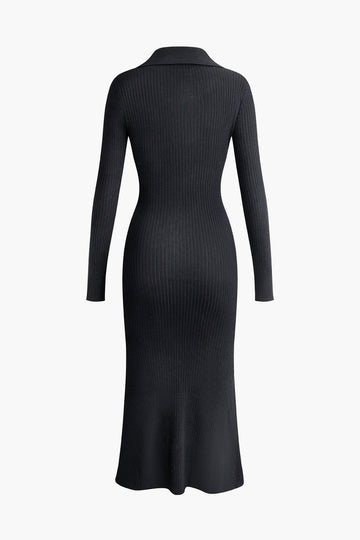 Asymmetric Button Collar Slit Midi Dress