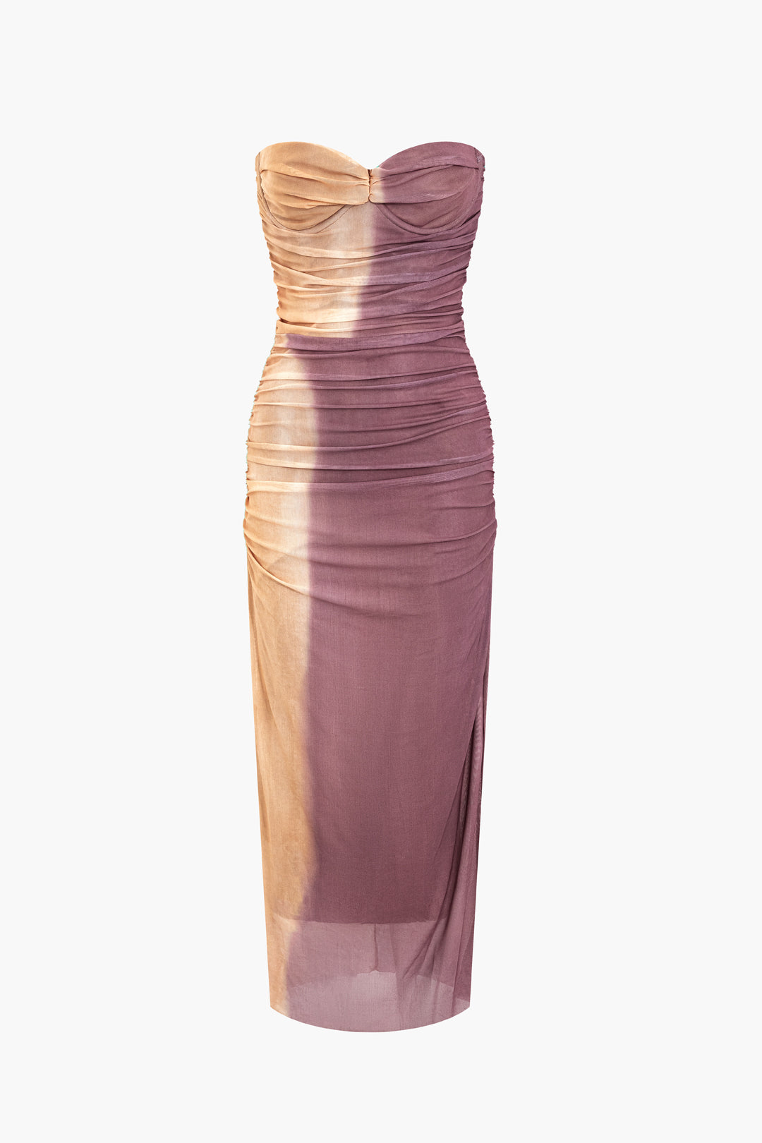 Tie Dye Ruched Mesh Strapless Midi Dress