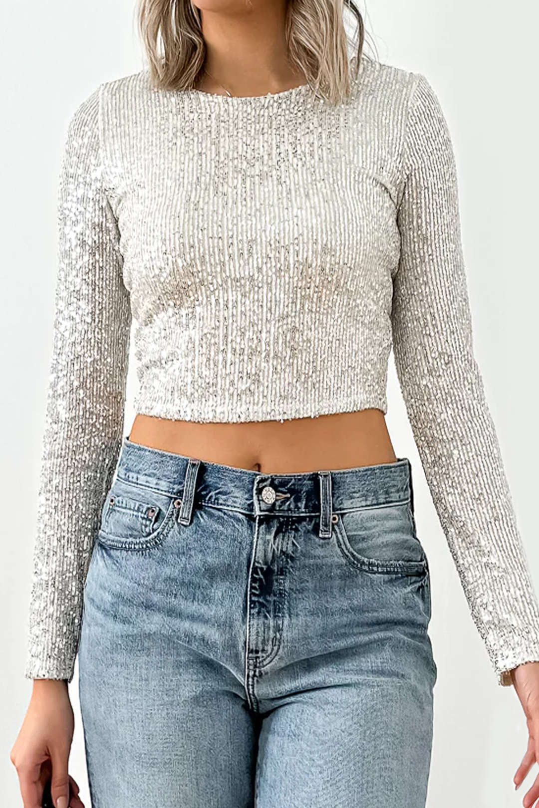 Sequin Round Neck Long Sleeve Top