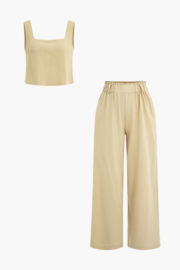 Solid Cami Top And Pleated Wide Leg Pants Set