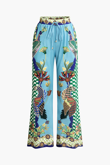 Floral Print Shirt And Drawstring Wide Leg Pants Set