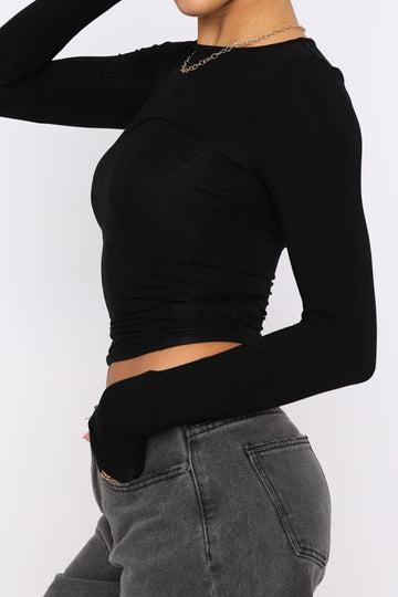 Solid Round Neck Long Sleeve Top