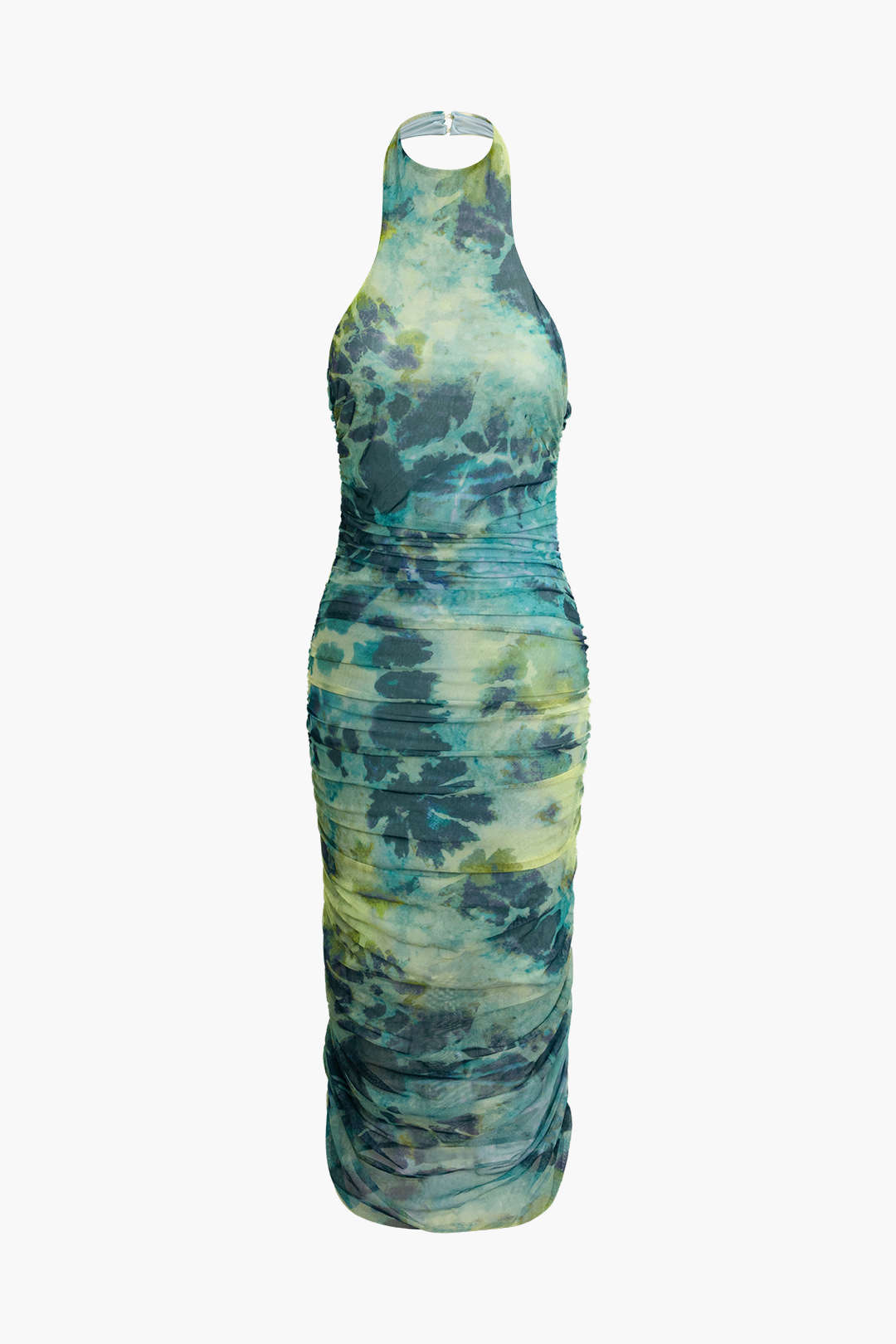 Tie Dye Mesh Ruched Halter Midi Dress