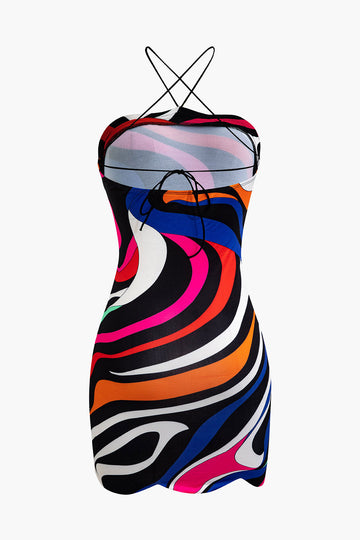 Abstract Print Cross Strap Mini Dress