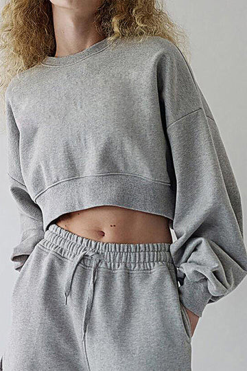 Ribbed Trim Round Neck Long Sleeve Crop Sweatshirt