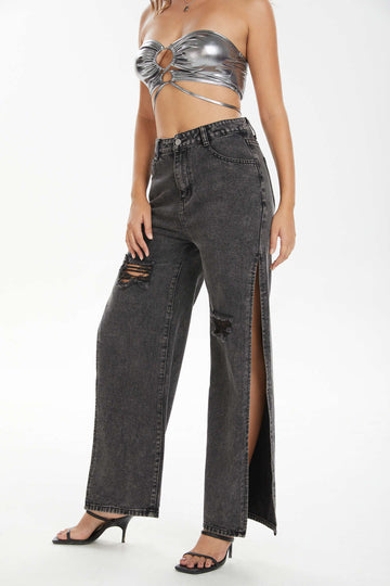 High Waisted Distressed Slit Straight Leg Jeans