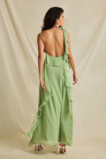 Asymmetric Ruffled Slit V-neck Backless Maxi Dress