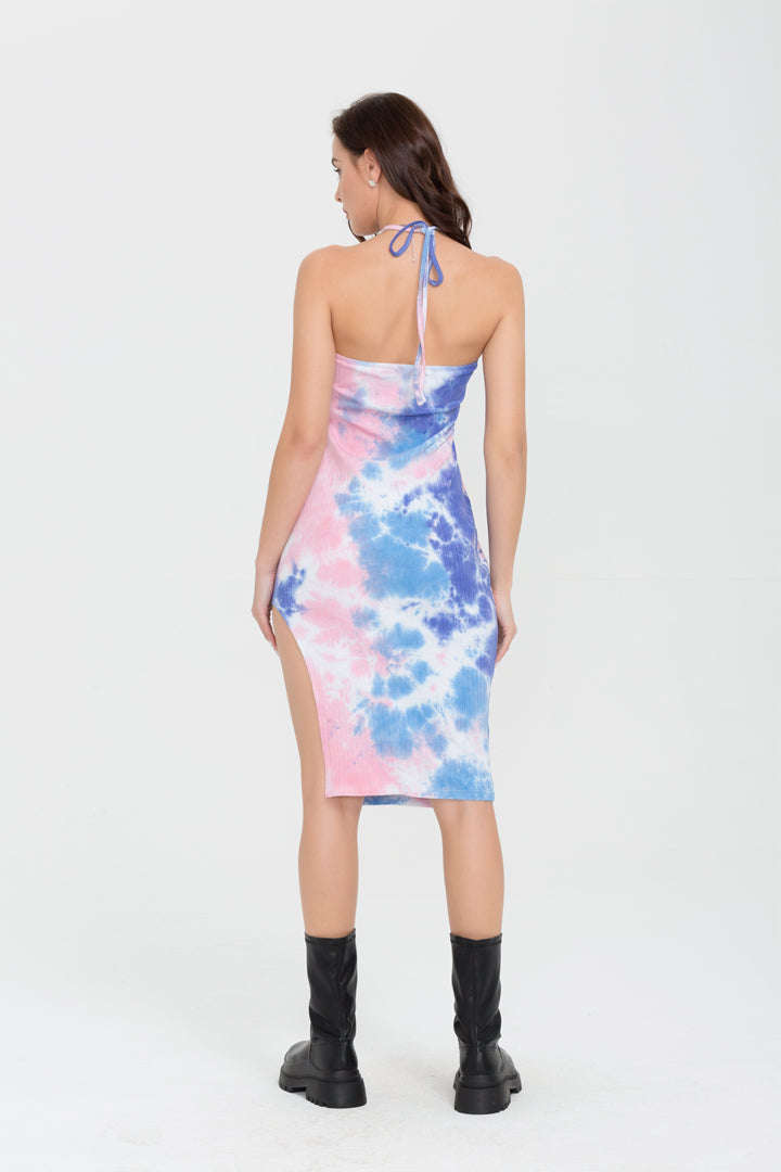 Blue Tie Dye Halter Neck Midi Dress