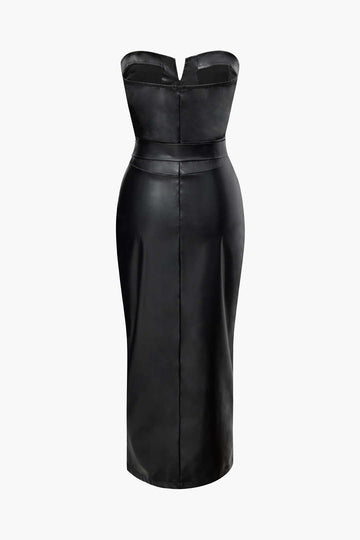 Faux Leather Strapless Slit Belted Midi Dress