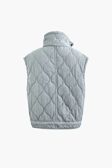 Stand Collar Drawstring Pocket Quilted Puffer Vest