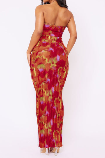 Abstract Print Plisse Strapless Maxi Dress