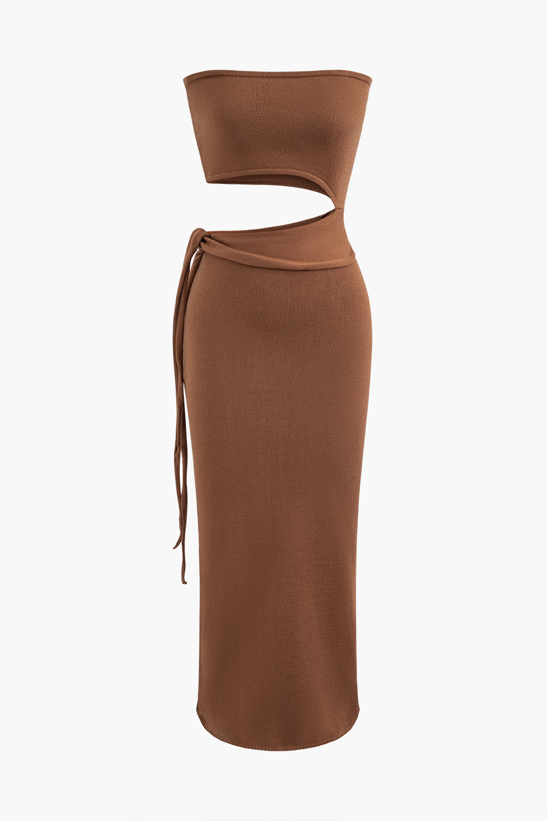 Tie Waist Cut Out Knit Slit Strapless Midi Dress