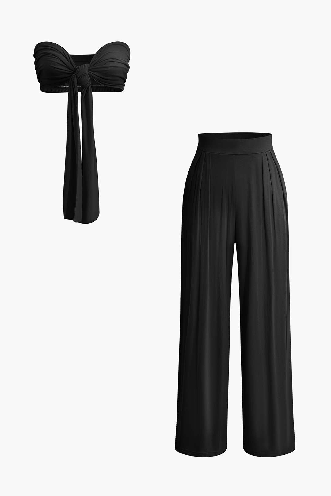 Tie Knot Front Ruched Tube Top And Pleated Wide Leg Pants