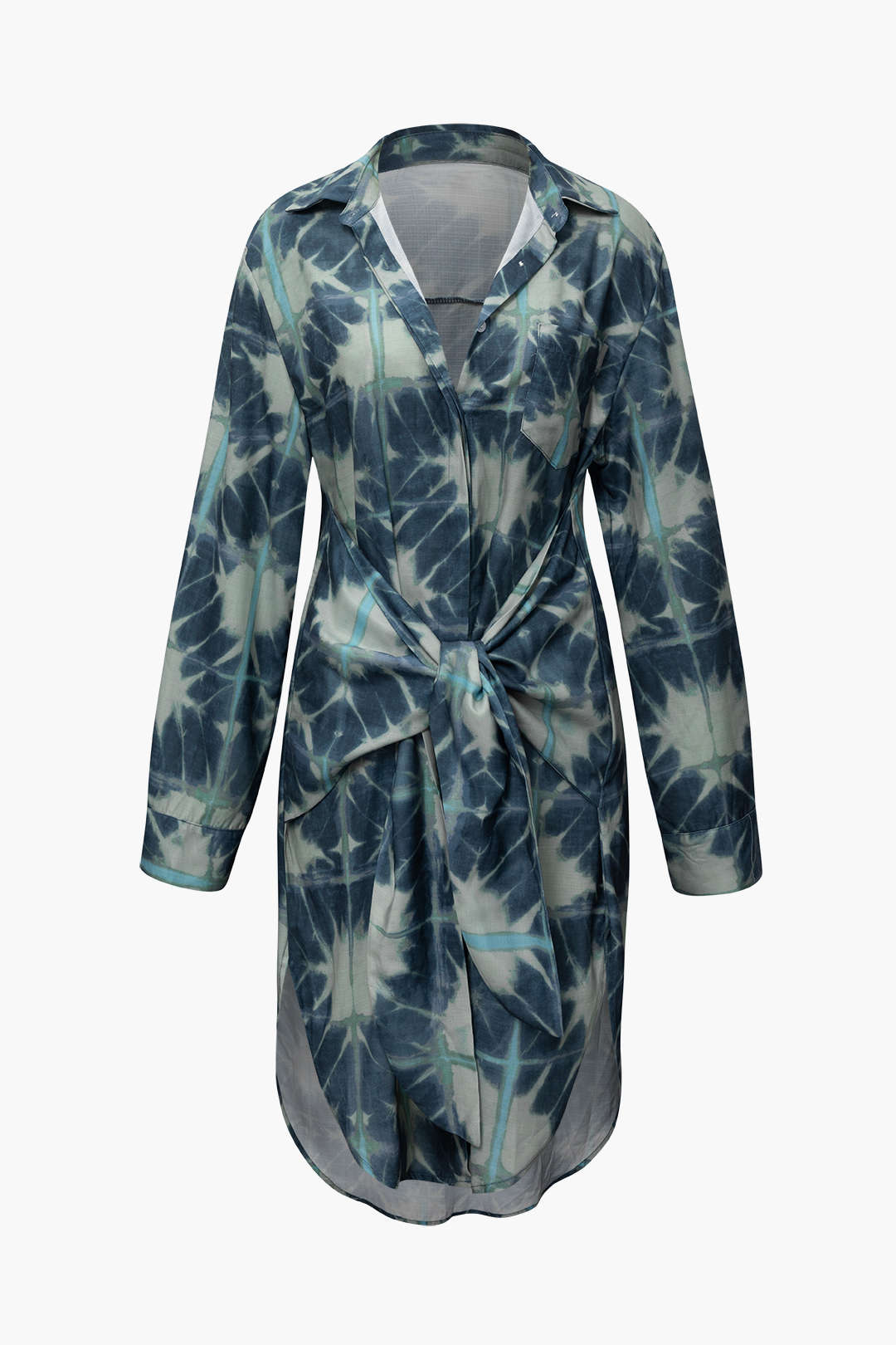 Printed Belted Long Sleeve Midi Shirt Dress