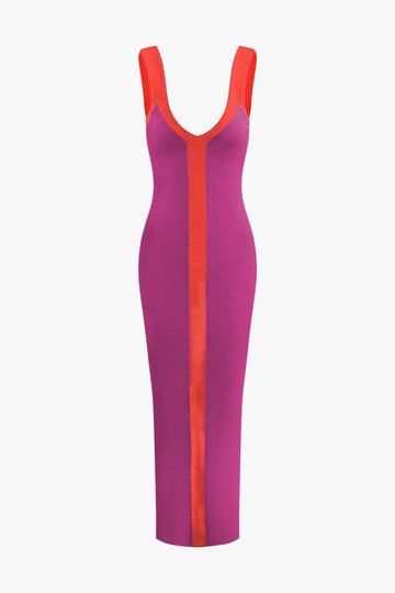 Colorblock V-neck Knit Split Maxi Dress