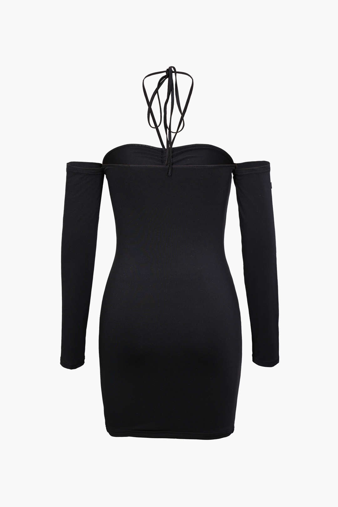 Halter Ruched Long Sleeve Black Dress