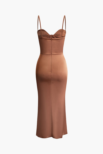 Solid Ruched Slip Midi Dress