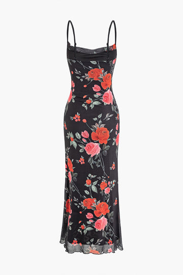 Floral Print Mesh Spaghetti Strap Midi Dress