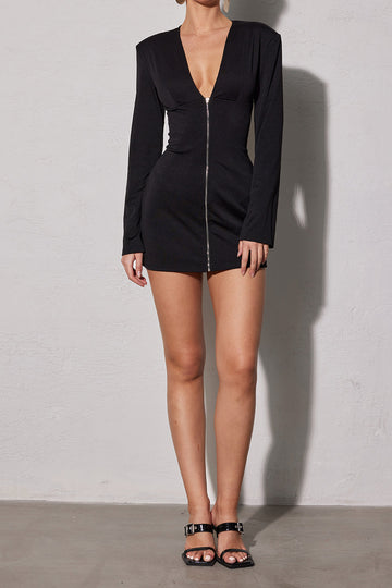 V-neck Zipper Long Sleeve Mini Dress