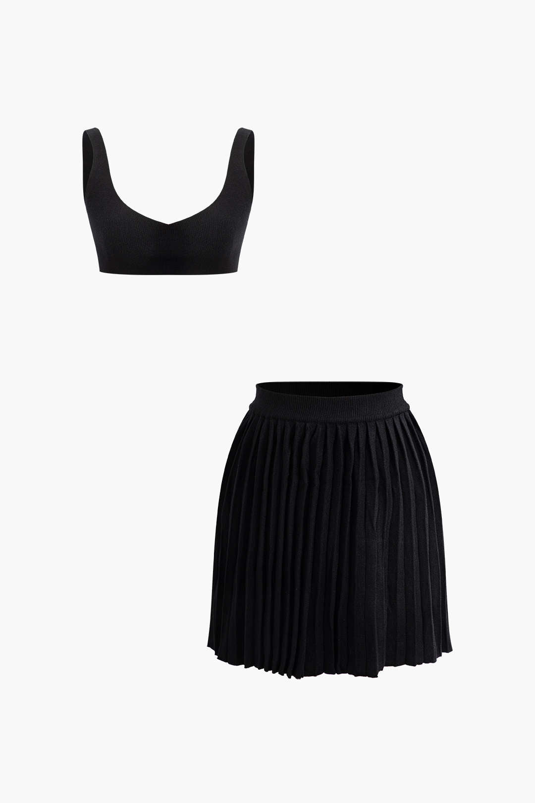 V-neck Bra Top And Pleated Mini Skirt Set