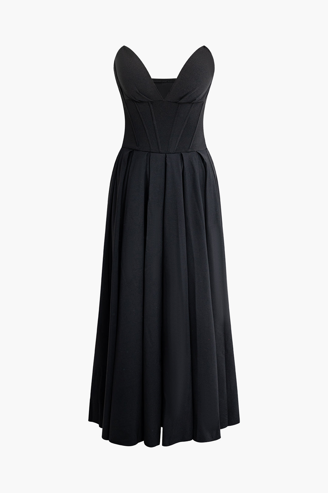 V-neck Bustier Pleated Strapless Midi Dress