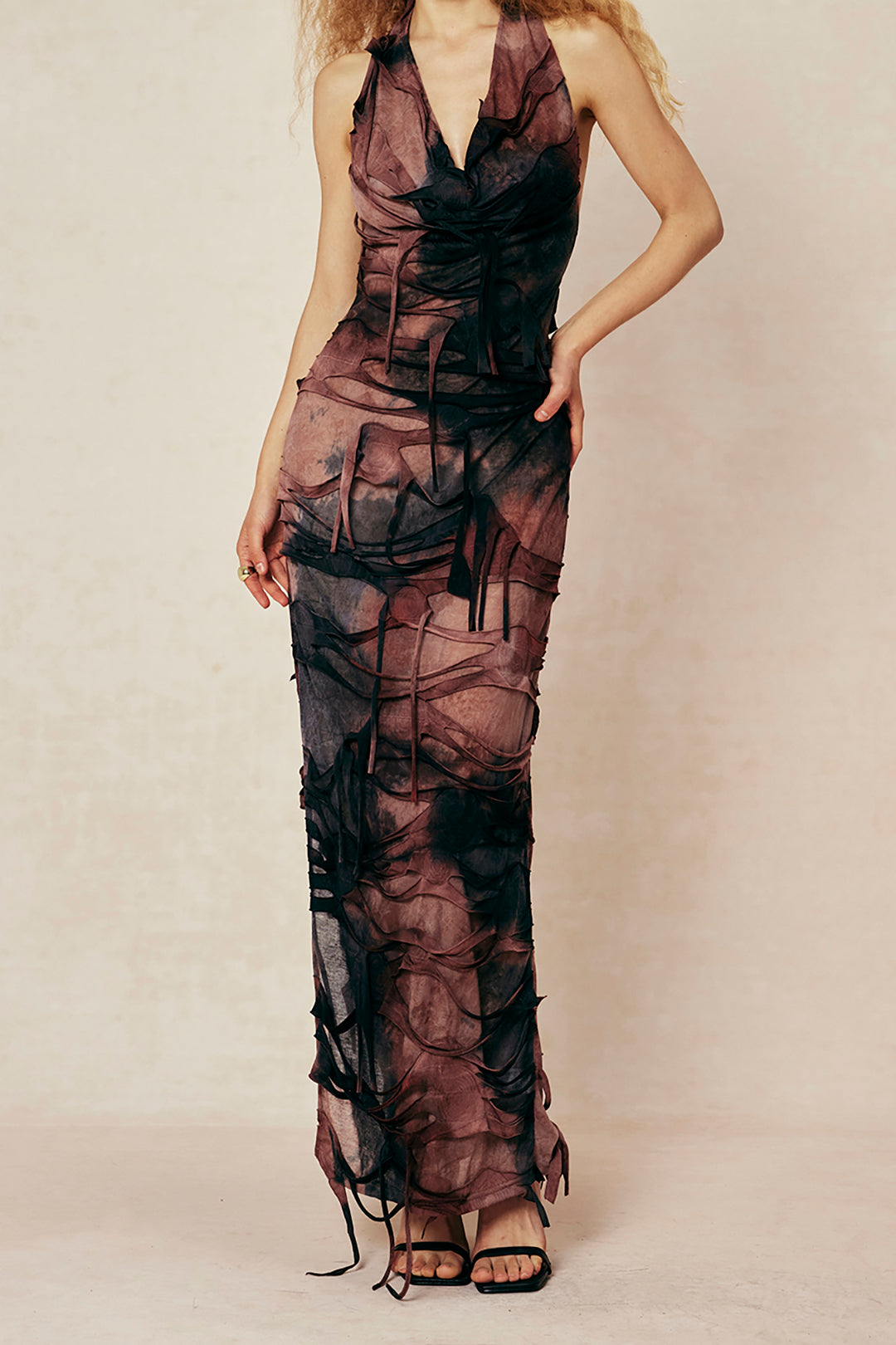 Tie Dye Distressed Mesh Slit Halter Cowl Neck Maxi Dress