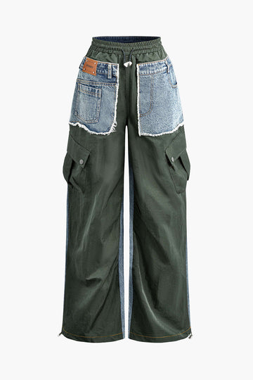 Denim Patchwork Flap Pocket Drawstring Cargo Pants