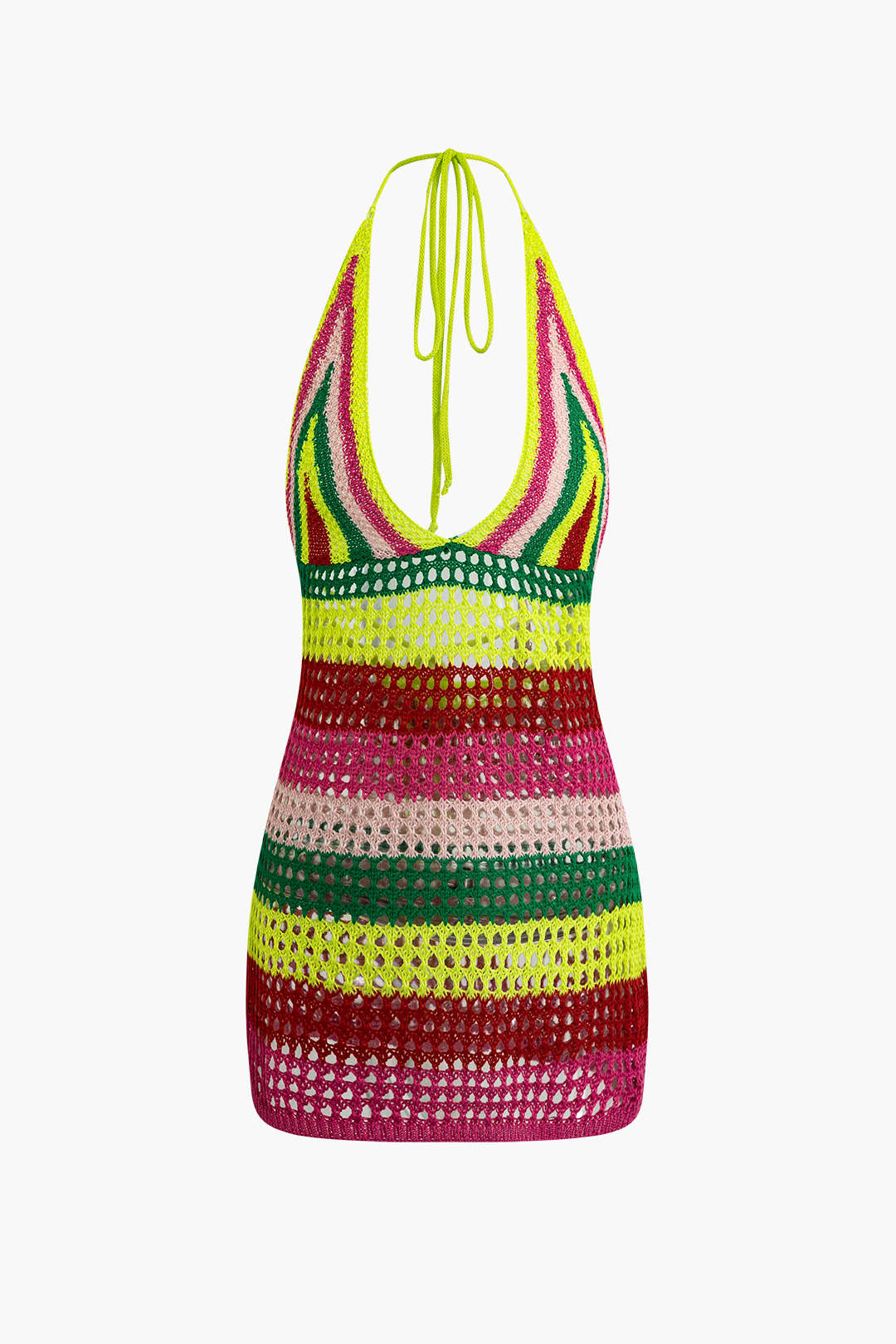 Color Block Striped Crochet V-neck Backless Cover Up