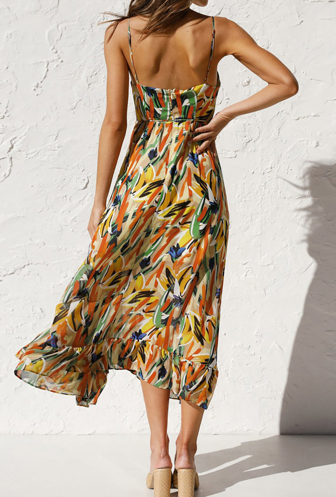 Abstract Print Ruffle Trim Spaghetti Strap Midi Dress