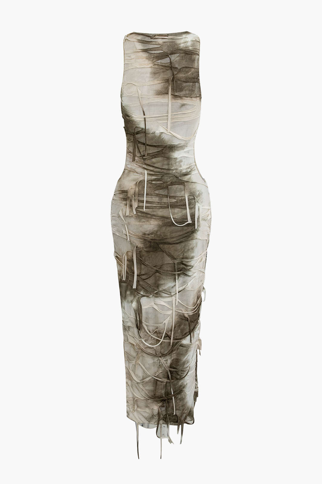 Tie Dye Distressed Sleeveless Cut Out Slit Maxi Dress