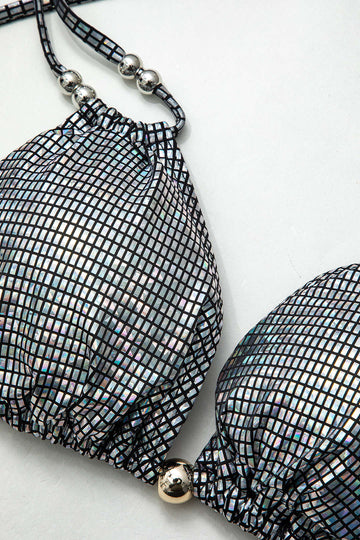 Metallic Grid Back Tie Halter Bikini Set