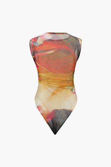 Abstract Print Mesh Sleeveless Bodysuit