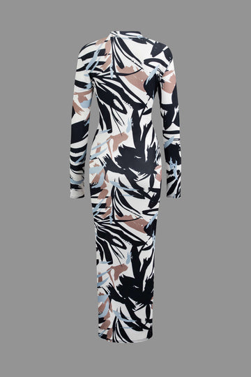 Abstract Print Mock Neck Long Sleeve Dress