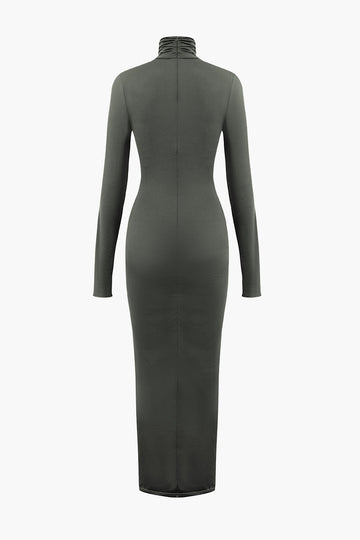 Wrap Ruched High Neck Long Sleeve Maxi Dress