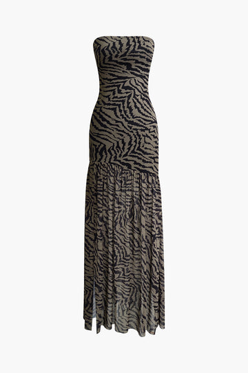 Tiger Print Slit Strapless Maxi Dress