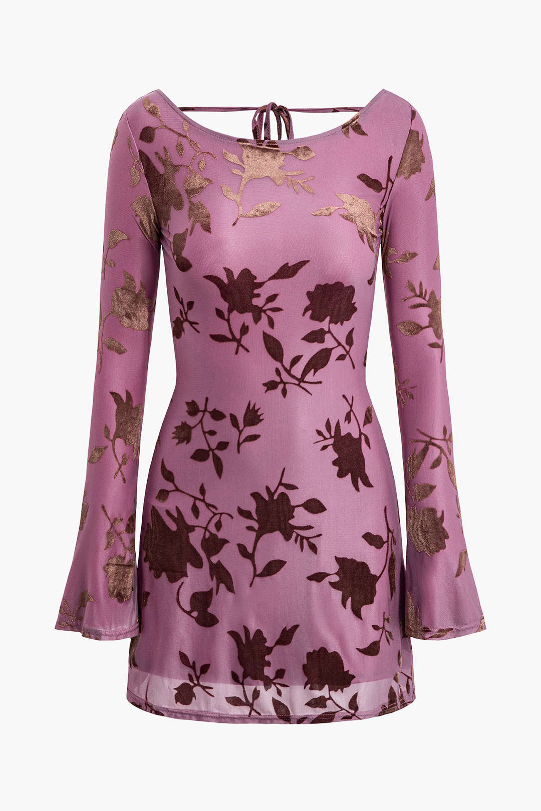 Flocked Leaves Print Long Sleeve Tie Backless Mini Dress