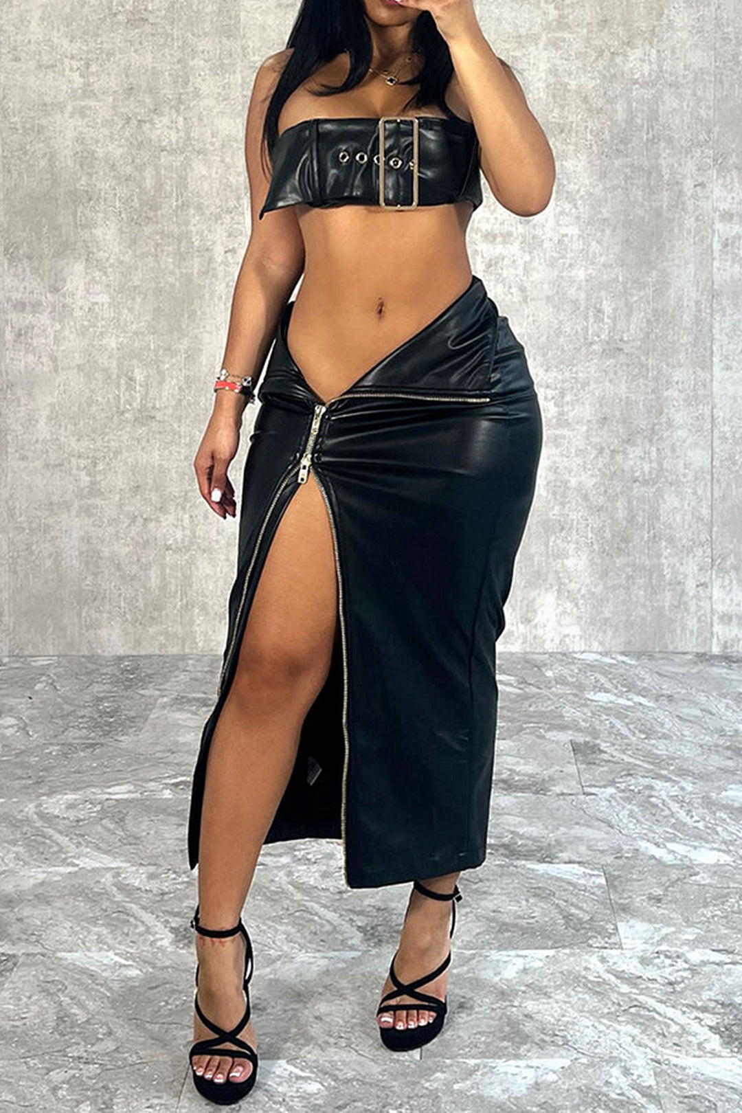 Faux Leather Tube Top And Asymmetrical Zipper Slit Midi Skirt Set