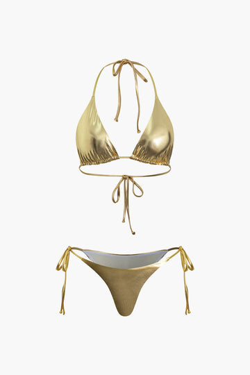 Metallic Halter Side Tie Bikini Set