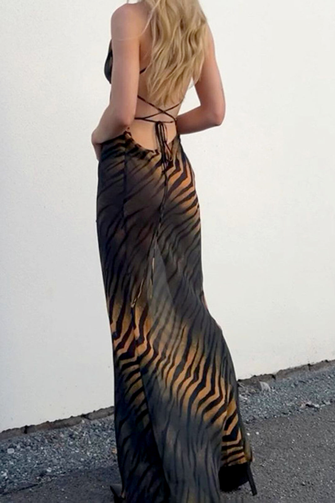 Tiger Print Tie Back Criss Cross V-neck Maxi Dress