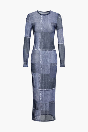 Denim Pattern Maxi Dress