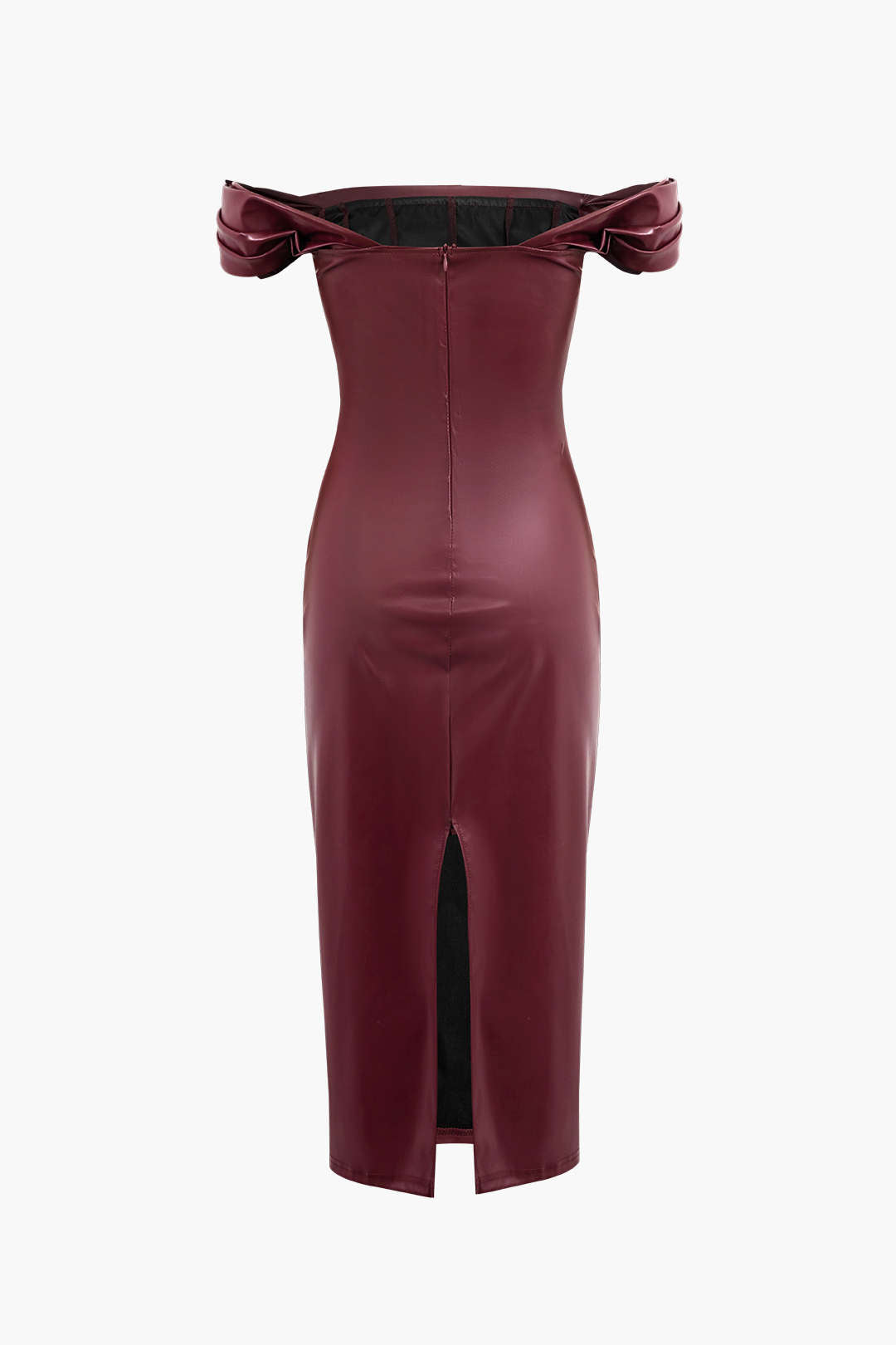 Faux Leather Off Shoulder Slit Ruched Midi Dress