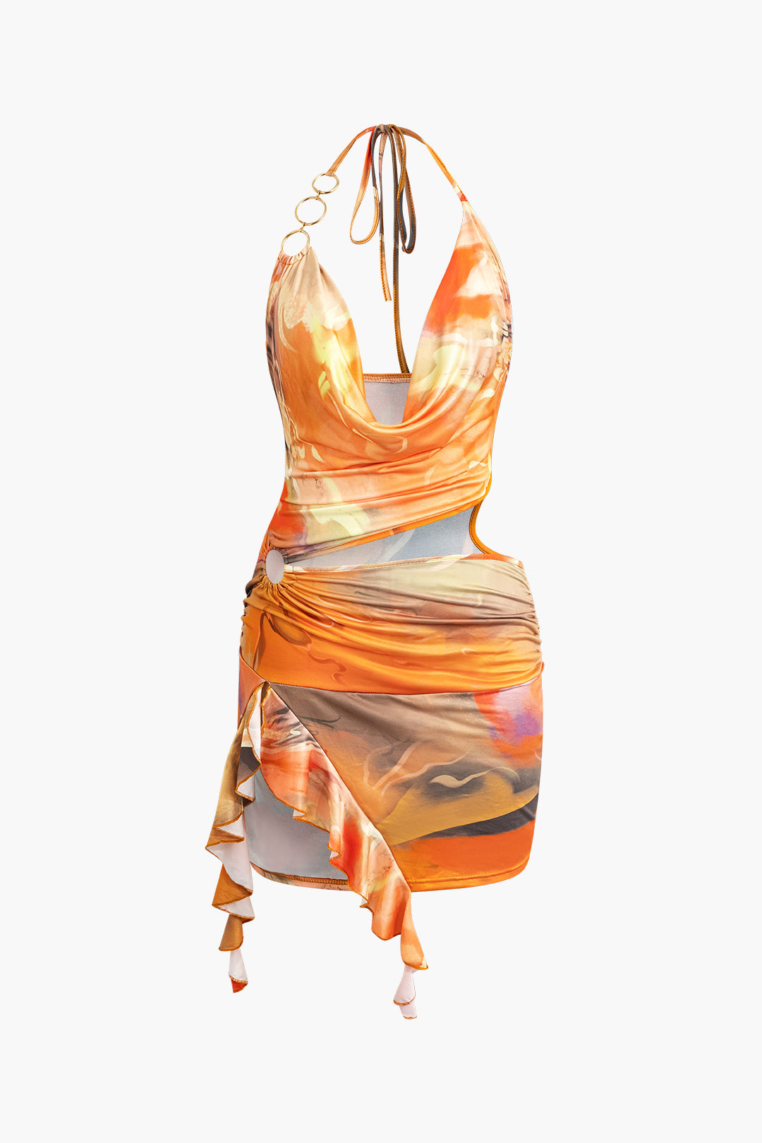 Abstract Print Halter Cowl Neck Slit Mini Dress