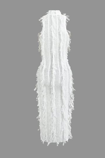 Fringe Mesh Mock Neck Midi Dress