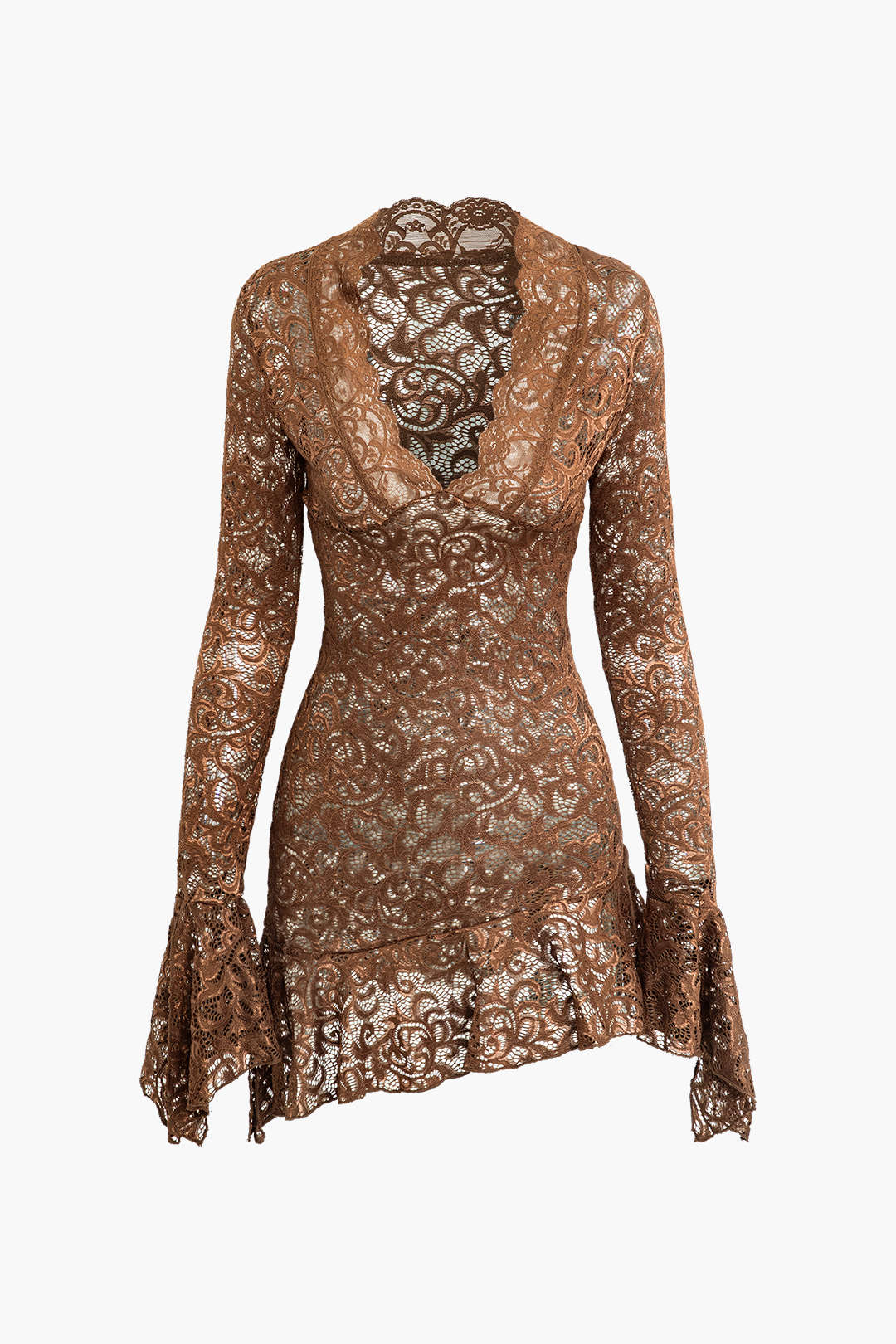 Lace Asymmetrical Hem Bell Sleeve V-neck Mini Dress